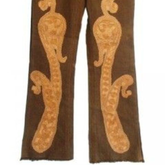 Tracy Reese Boho Paisley Jeans Olive W/ Gold Brocade Paisley RARE  VINTAGE & NEW - Picture 5 of 6